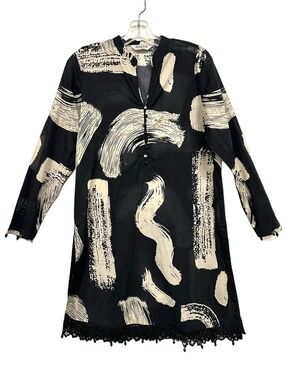 Maria B Cotton Beach Coverup Dress Black Cream Abstract Print Medium